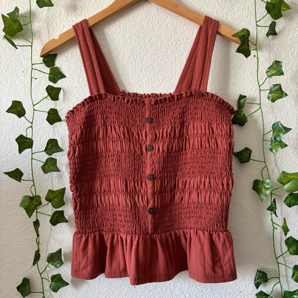 Arizona Jean Co Women’s/Juniors Burnt Orange Smocked Peplum Tank Top Size L